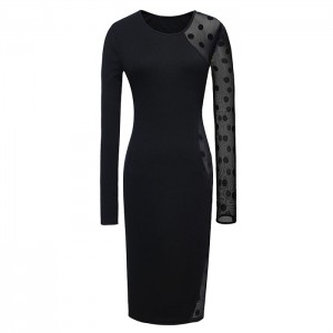 Stylish Round Collar Polka Dots Lace Splicing Long Sleeves Black Bodycon Dress For Women